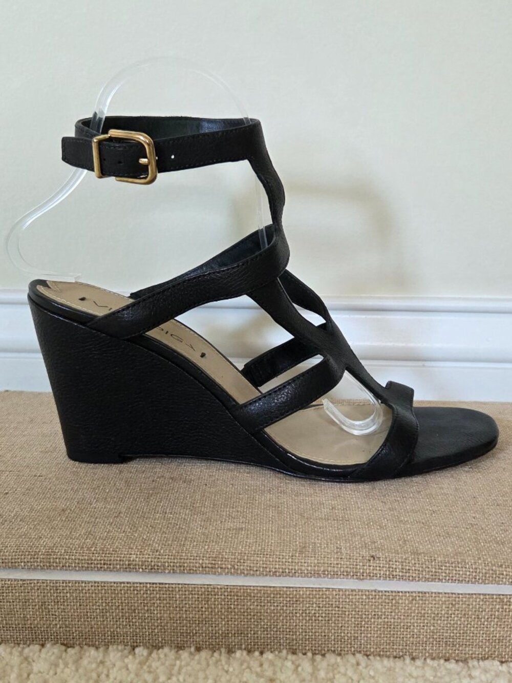 Via Spiga Black Leather Ankle Strap Wedge Sandals